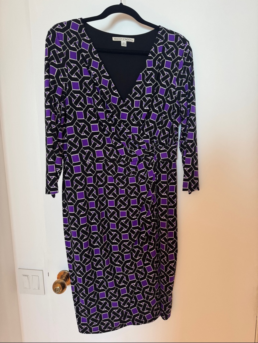 Maggy London Black and Purple Geometric Wrap-Style Dress